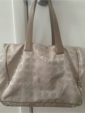 CHANEL Beige Logo-Patterned Tote with Neutral Leather Straps